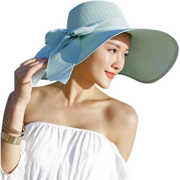 Womens 5.7 Inches Big Bowknot Straw Hat Green